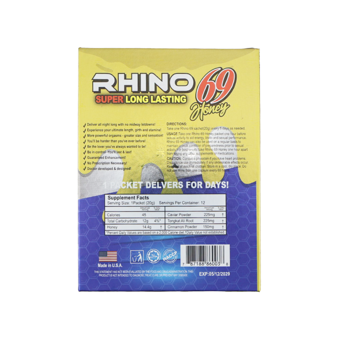 Rhino 69 Super Long Lasting Yellow Honey (12 Sachets) — product photo 1 | GoldenClimax.co